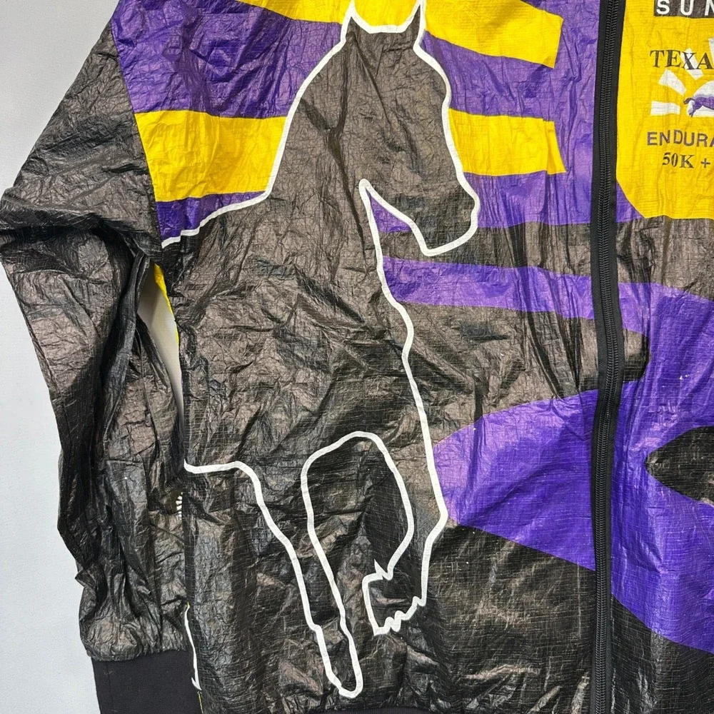 Vintage 90s Texas Trail Tyvek Endurance Run‎ Jacket Purple Yellow Sun Horse Sz L